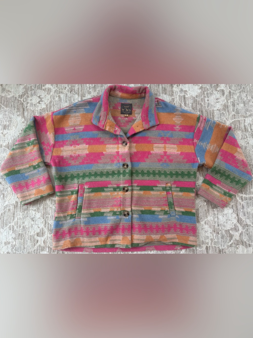 Outdoor Collection Wool Blend Multi Color Aztec Boho Geometric Pattern Jacket- M
